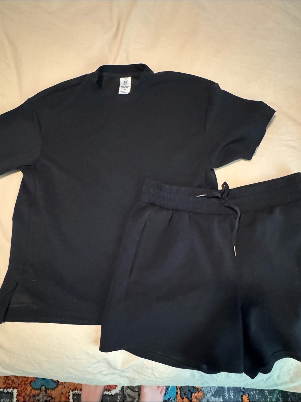 Black Casual Tee and Drawstring Shorts Set